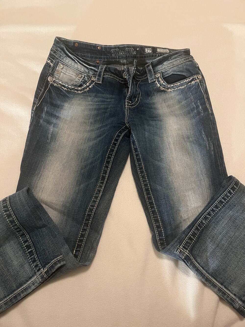 Miss Me Easy Straight Dark Wash Embellished Flap Pocket Jeans Women's Size 29